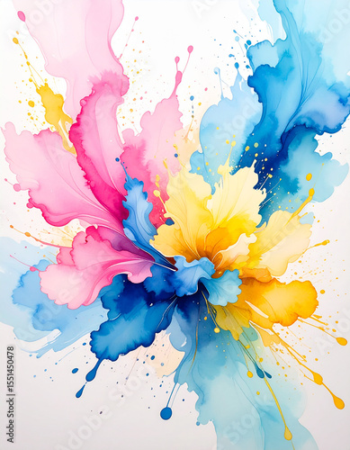 Dynamic watercolor splash combining pink, blue and yellow hues in expressive brush shapes.artistic, brush, colourful, colours, curve, dynamic, elegant, expressive, flow, fluid, form, gradient, ink, 