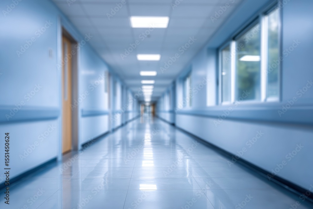 Long pale blue hallway with shiny floor windows and doors diminishing in perspective Long pale blue hallway with shiny floor windows and doors diminishing in perspective