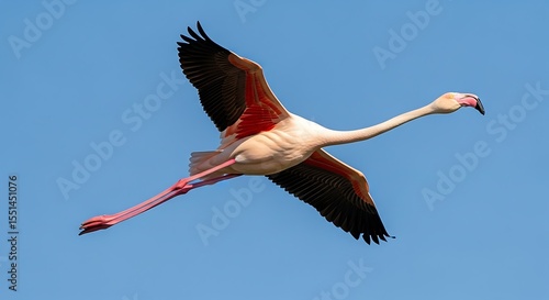 Graceful Flamingo in Flight: Elegant Pink Bird with Black-Tipped Wings Soaring Against a Clear Blue Sky, Capturing Freedom, Beauty, and the Essence of Wildlife Photography