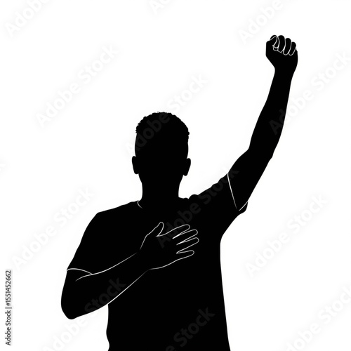 Silhouette of Man with Fist Raised in Protest, Hand Over Heart