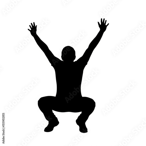 Silhouette of a Person in a Squatting Position with Arms Raised