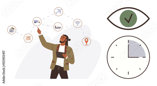 Man with tablet overseeing delivery, logistics, and connectivity icons with a focus on efficiency, monitoring, and timing. Ideal for project management, planning, technology, supply chain