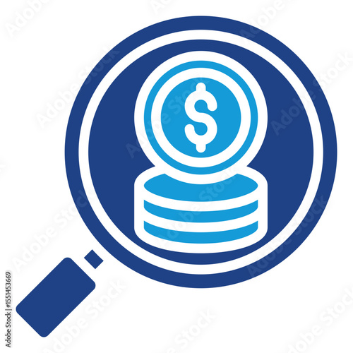 The magnifying glass icon and the stack of coins symbol indicate activities of searching for observation, research, or analysis of money and financial aspects.