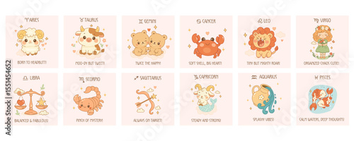 Set of cute zodiac signs with text and characters