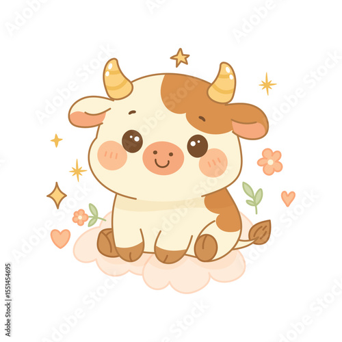 Taurus zodiac sign with cute kawaii baby bull