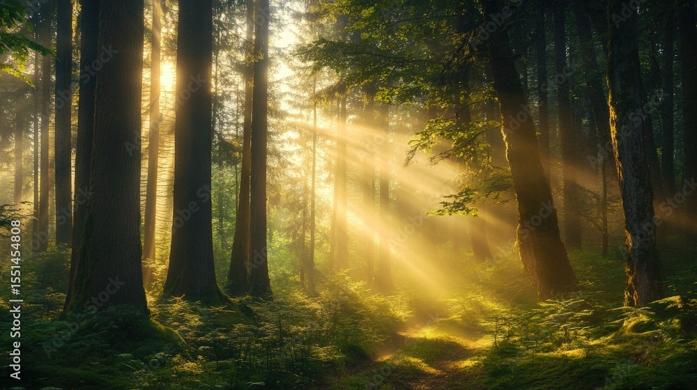 Obraz premium Serene forest landscape bathed in warm golden hour light with mystical fog rolling between ancient tree trunks creating atmospheric woodland scene perfect for fantasy backgrounds