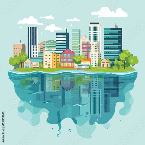 Climate Change Impact Rising Sea Levels and Flooded Cities Infographic, Climate Change