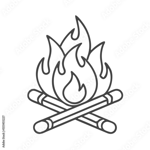 A minimalist illustration of a campfire featuring crossed logs and stylized flames, perfect for outdoor themes.
