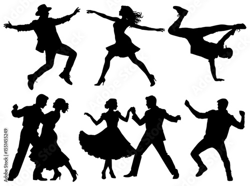 Silhouettes of dancing people, isolated