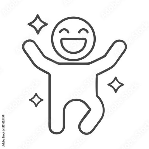 A cheerful, cartoon-style figure with a big smile, dancing joyfully amidst sparkling stars.