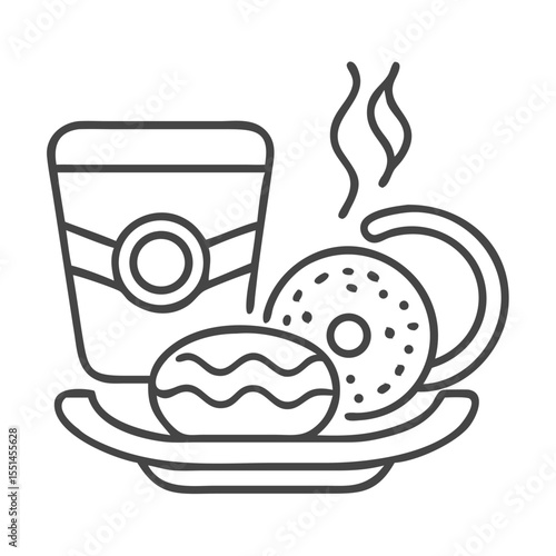 A cozy scene featuring a steaming cup of coffee alongside delicious donuts on a plate.