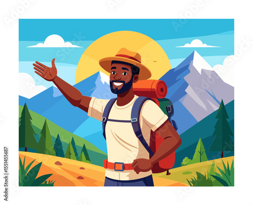A cartoon hiker with a backpack hat and raised hand stands on a path with mountains trees and the sun in the background