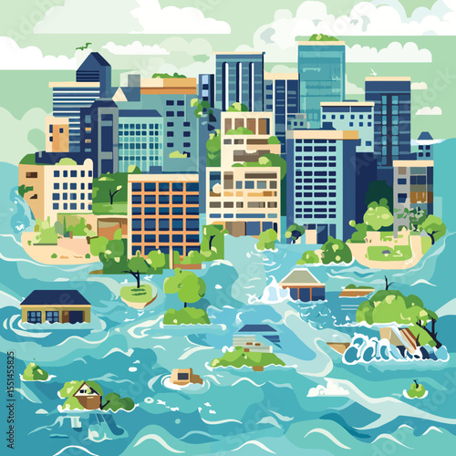 Climate Change Impact Rising Sea Levels and Flooded Cities Infographic, Climate Change