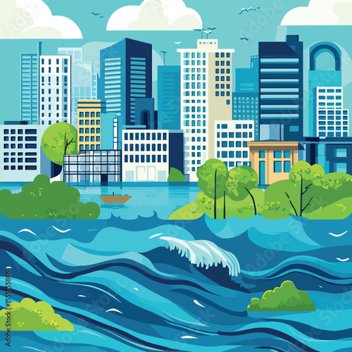Climate Change Impact Rising Sea Levels and Flooded Cities Infographic, Climate Change