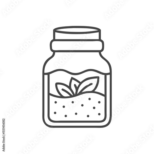 An outlined illustration of a glass jar filled with soil and a small plant, embodying freshness and growth.