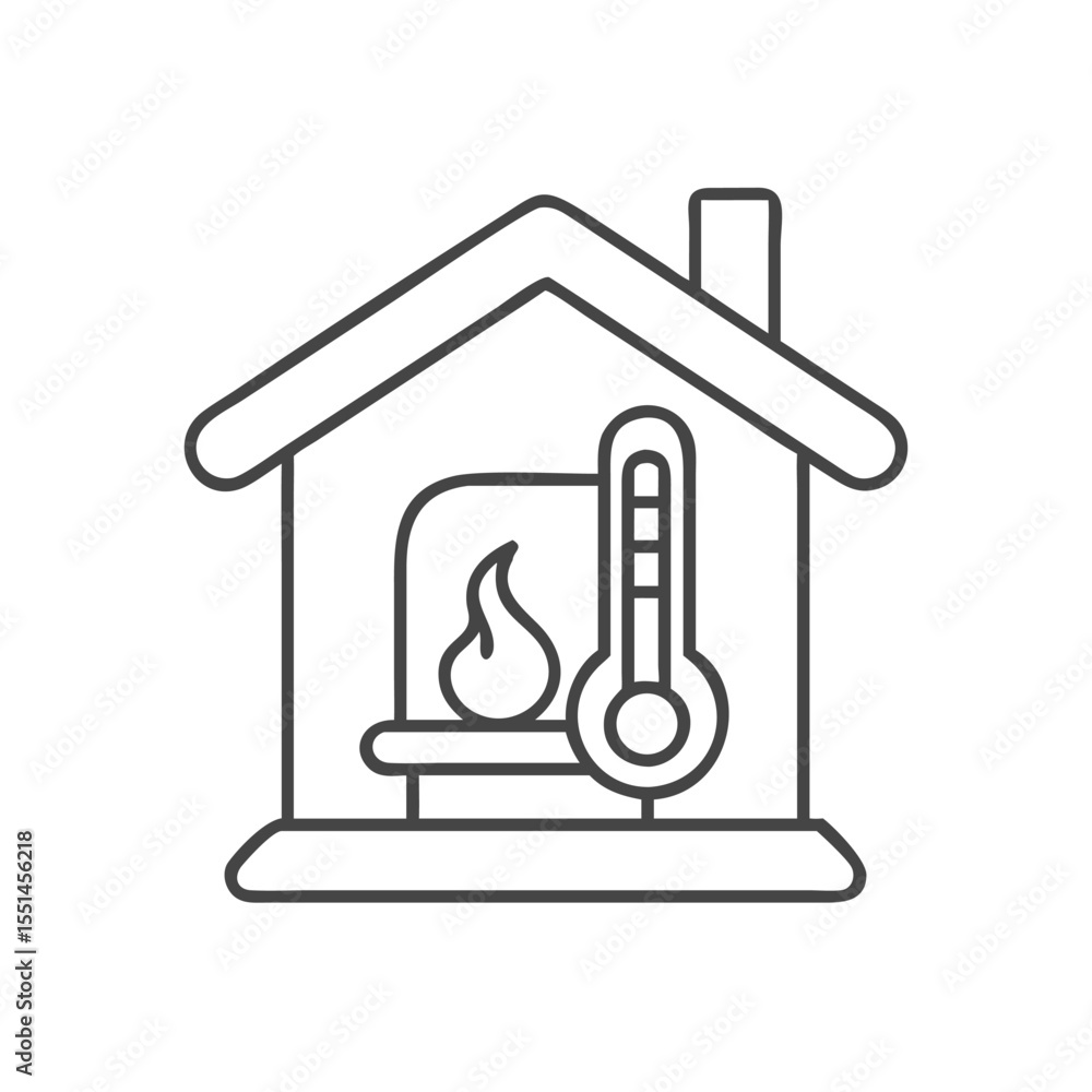 Cozy illustration of a house featuring a fireplace and thermometer, symbolizing warmth and comfort. Cozy illustration of a house featuring a fireplace and thermometer, symbolizing warmth and comfort.