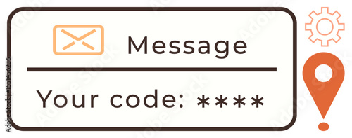 Envelope icon with text field for code displayed alongside a gear and location pin exclamation mark. Ideal for security, authentication, notification, alert, verification, communication, digital