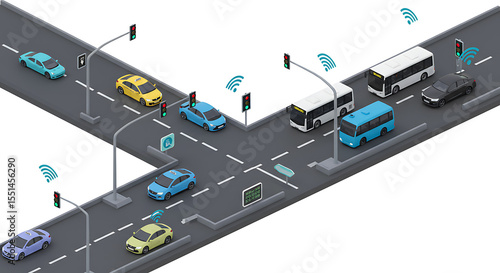 Illustration of a city intersection with cars, buses, and traffic lights, showcasing connected vehicle technology and smart city infrastructure.