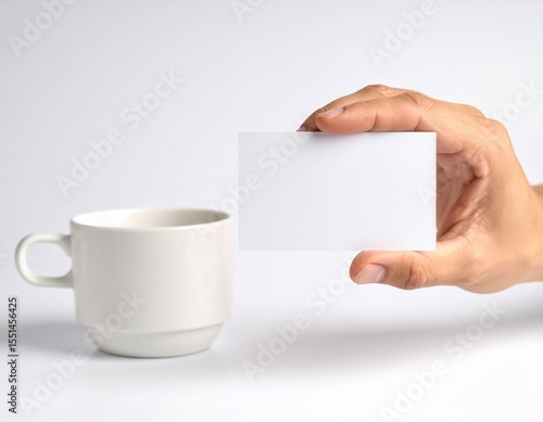 A hand presents a blank white business card next to a simple white coffee cup against a clean, bright backdrop perfect for ing and messages precisely.