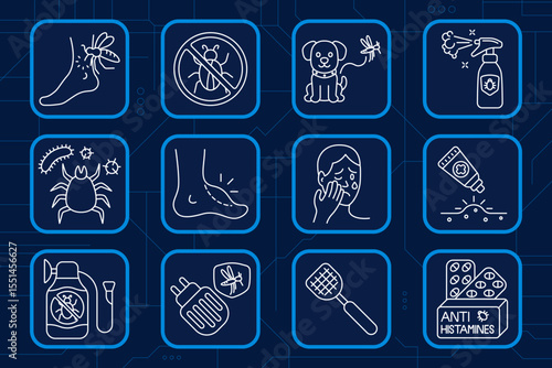 Insect allergy set icon. Mosquito bite, insect repellent, dog protection