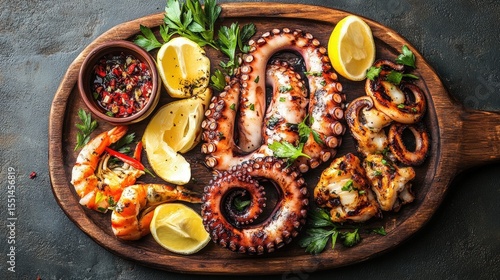 Wallpaper Mural Fresh Mediterranean seafood platter with grilled octopus and lemon wedges arranged on a rustic wooden board, top-down view highlighting charred texture and vibrant citrus flavor Torontodigital.ca