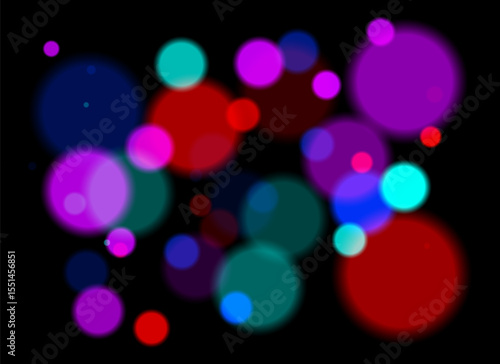 Colorful blurred circles with smooth glow and layered transparency on black background. Random soft shapes form festive abstract depth with no symmetry or focal point.
