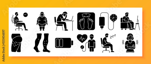 Sedentary lifestyle set icon. Shows seated person, scale, cellulite, legs, low energy, heart health, chair time, abdominal discomfort, sleep sitting, IV, pressure, obesity