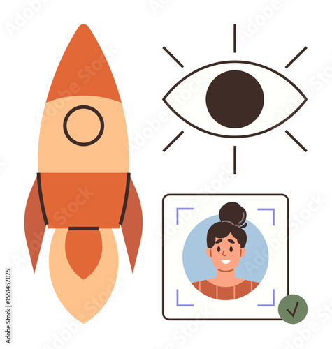 Rocket symbolizing growth, eye representing vision or observation, and facial recognition security. Ideal for startup development, innovation, insight, biometrics, identity, technology creativity