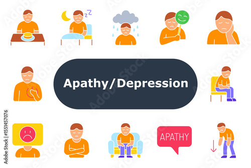 Depression set icon Colorful flat icons of emotional distress: sadness, false joy, insomnia, loneliness, apathy, fatigue, emotion suppression, sitting with slouch, heartache, low mood.