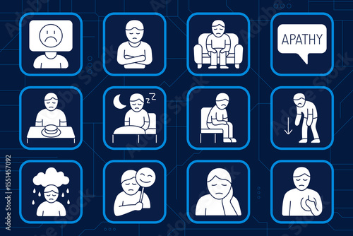 Depression set icon. Sad face, arms folded, sitting posture, apathy bubble, empty plate, insomnia, night sadness, low mood, rainy cloud, fake joy, emotional pain, mental exhaustion