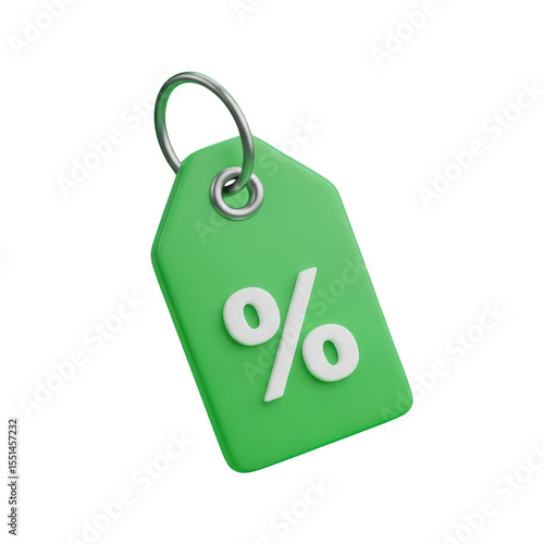 3d icon of a green 3d discount tag with a percentage symbol is isolated on transparent background