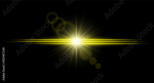 Bright color flare with radiant burst and lens rings on dark background. Light explosion with intense horizontal beams.