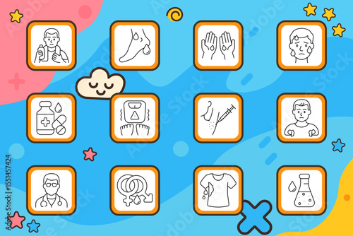 Sweating symptom set icon. Man with bottle, foot sweat, hand sweat, worried face, medicine bottle, weight loss, injection, hair removal, male signs, doctor, gender, shirt wetness, lab test