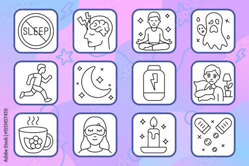 Sleep problems set icon. Insomnia, brain tension, meditation, nightmares, moon, supplement, exhaustion, tea, eye mask, candle, pills.