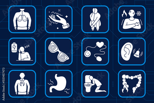 Body disorder set icon. Lung issue, tingling hand, crouched posture, thermal imbalance, low battery, dizzy vision, baby monitor, ear ring, heartburn, stomach pain, vomiting, colon inflammation