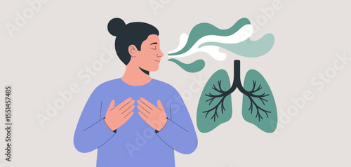 woman practicing deep breathing exercise with lungs visualization, vector illustration for relaxation technique, mindfulness practice and stress relief