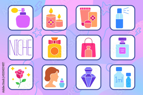 Perfumery set icon. Fragrance bottle, niche scent, cosmetic line, candles, spray bottle, shopping bag, tester, rose, elegance, woman with perfume, sample, floral design.