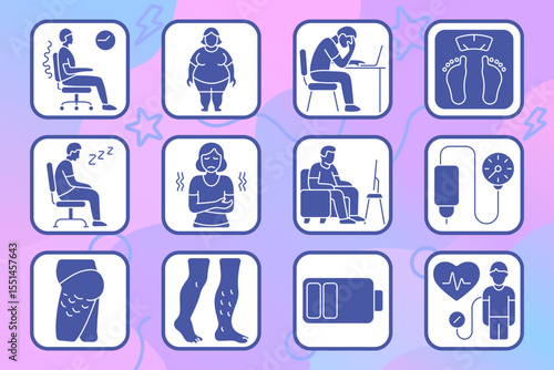 Sedentary lifestyle set icon. Poor posture, obesity, stress at work, weight check, sleepy sitting, arm numbness, screen fatigue, blood pressure, thigh swelling, leg veins, energy loss, heart test