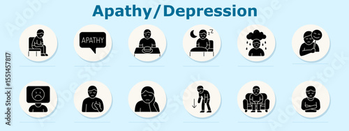 Apathy and depression set icon. Includes seated person, apathy bubble, empty plate, sleep, rainy cloud, mask, sad face, chest pain, hand on face, fatigue, sitting, arms crossed