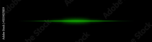 Thin green laser beam across dark background with glowing center. Minimalistic horizontal light effect with sharp gradient and smooth fade at edges.