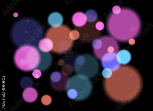 Colorful blurred circles with smooth glow and layered transparency on black background. Random soft shapes form festive abstract depth with no symmetry or focal point.