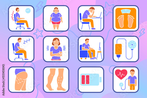 Sedentary lifestyle set icon. Bad posture, obesity, fatigue, weight gain, blood pressure, numbness, swelling, poor circulation, sleepiness, back pain, chair time, inactivity.