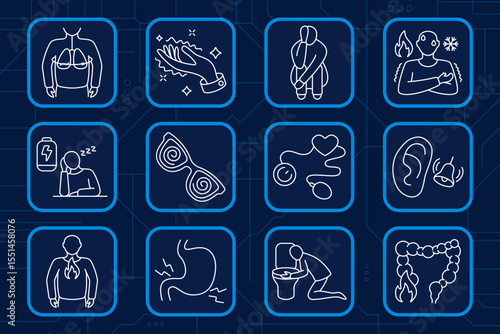 Body symptoms set icon. Lung discomfort, tingling hand, sad posture, cold heat imbalance, low energy, dizzy vision, baby items, ringing ear, heartburn, stomach pain, vomiting, physical disorders
