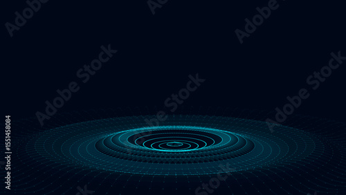 Abstract music sound wave with dots and lines. Dark cyberspace with moving particles. Vector futuristic blue circle wave with digital database. Big data analytics.