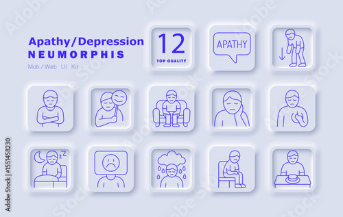 Depression set icon. Sadness, emotional fatigue, mood swings, apathy, sleeplessness, loneliness, heartache, fake emotions, food rejection, poor concentration, insomnia, rainy mood, fake smile.