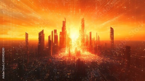 Futuristic Cityscape in Digital Glory with Radiant Sunset and Network Connections