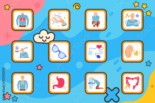 Body disorder set icon. Lung pain, tingling hand, overweight body, temperature contrast, fatigue, dizziness, baby monitor, ear ringing, heartburn, stomach cramps, vomiting, colon inflammation
