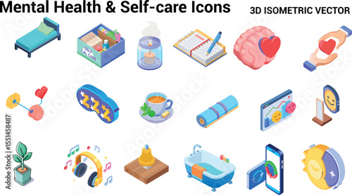 Mental Health and Self-Care 3D Isometric Vector Icons Set