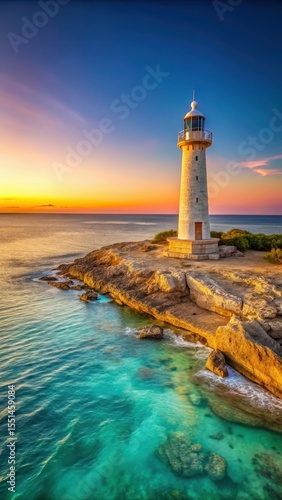A solitary lighthouse stands on a rocky outcrop overlooking the turquoise waters of Re Island's Baleines Beach at sunset