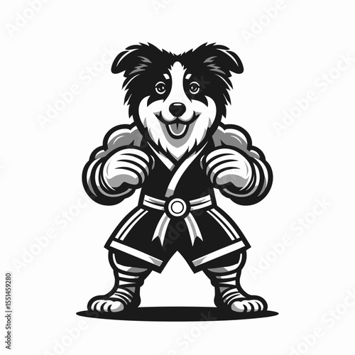 Australian Shepherd Dog in muay thai costume. Boxing Sport Cartoon Animal Clipart Line Art Vector Illustration. Canine athlete herder kickboxing garb combat attire.